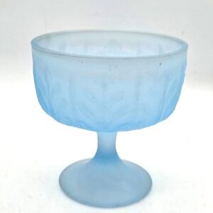 Vintage FTD Blue Satin Frosted Glass Pedestal Bowl Compote Oak Leaf Pattern